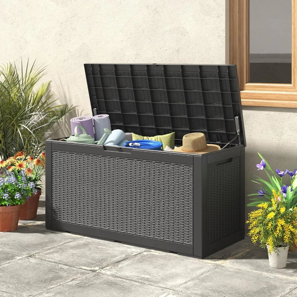 LHBGO Rattan Deck Box Lockable Outdoor Waterproof Storage