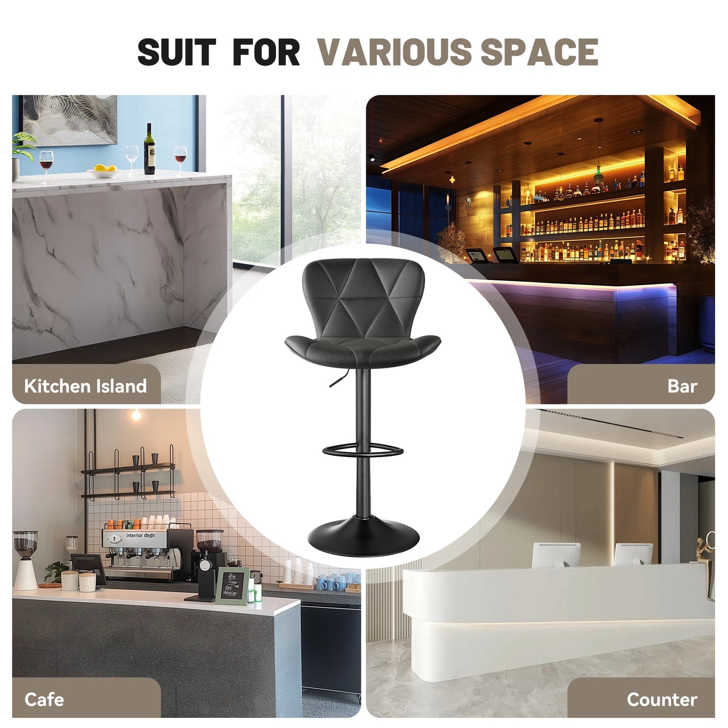 2 Pcs Bar Chair, 360 ° Rotation Adjustable Height, Faux Leather Upholstered with Backrest, Bar Furniture, for Dining Room, Kitchen