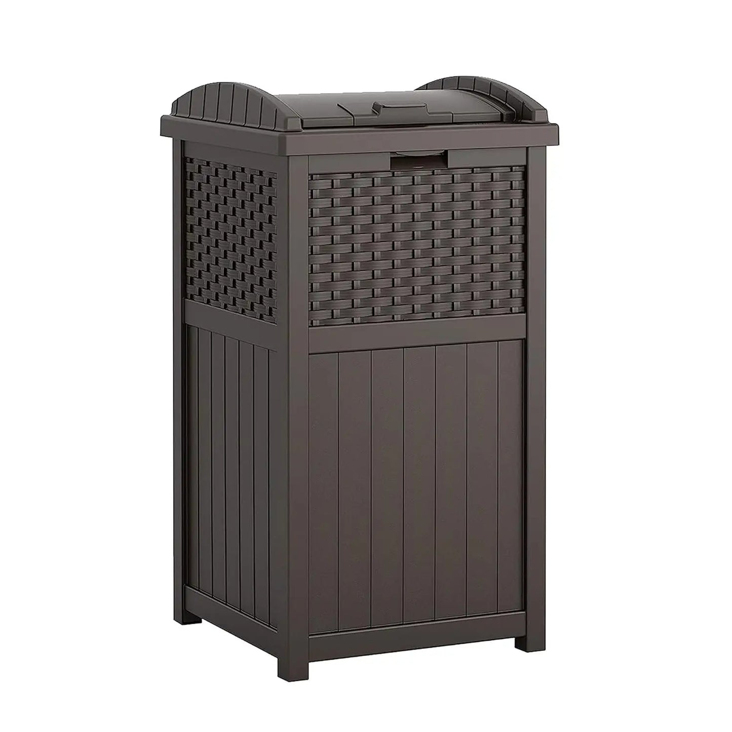 Suncast 33 Gallon Commercial Outdoor Trashcan Hideaway with Lid for30 to 33 Gallon Trash Bagsfor Garage,Backyardor Garden, Brown
