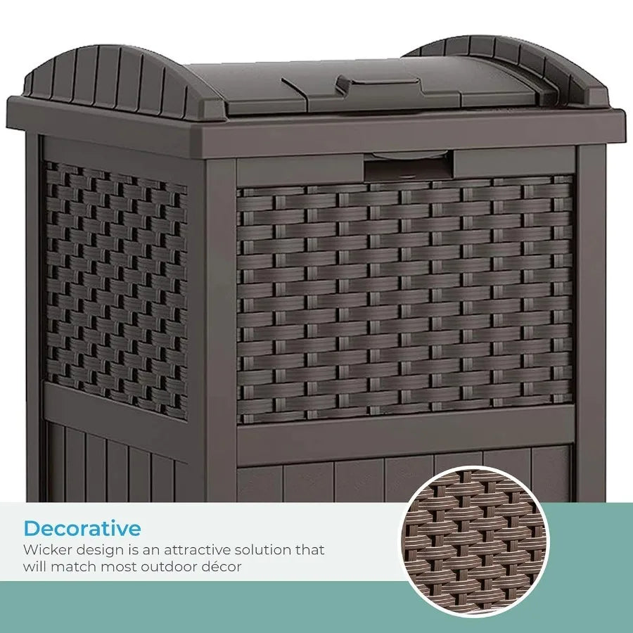 Suncast 33 Gallon Commercial Outdoor Trashcan Hideaway with Lid for30 to 33 Gallon Trash Bagsfor Garage,Backyardor Garden, Brown