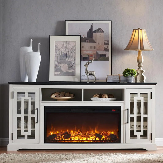 Modern 80 TV Electric Fireplace Entertainment Center, 32 Tall, JXQTLINGMU Farmhouse Style Media Console