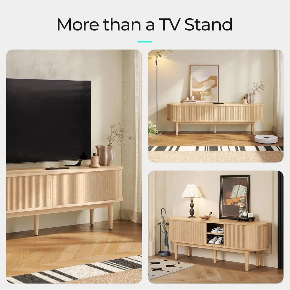 Fluted TV Stand for 75" TV, Mid-Century Modern 70" Entertainment Center with Sliding Tambour Door and Storage Cabinet,TV Stand