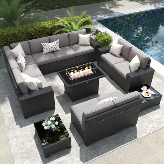13 Piece Outdoor Patio Furniture Set with Fire Pit Table