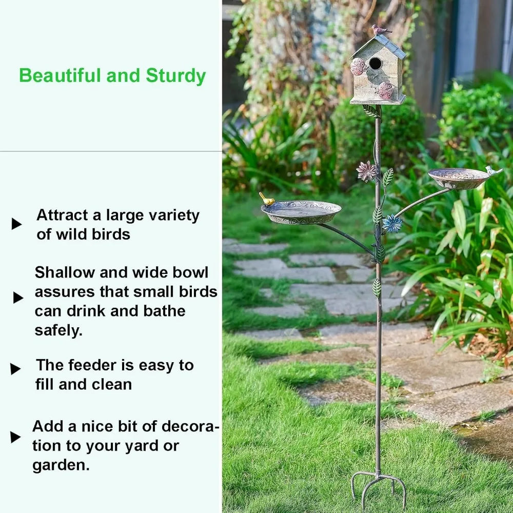 Bird House for Outside with Stake & Bird Feeder/Bath Bowl - Free Standing 3 in 1 Bird Feeder Tray, Bird Bath Bowl, Birdhouse for