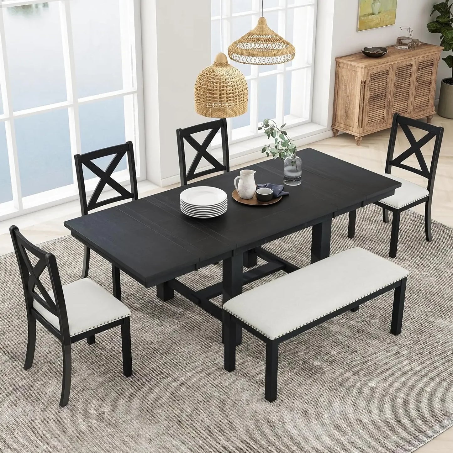 GUANGBAI 6 Piece Dining Table Set With Bench And Chairs