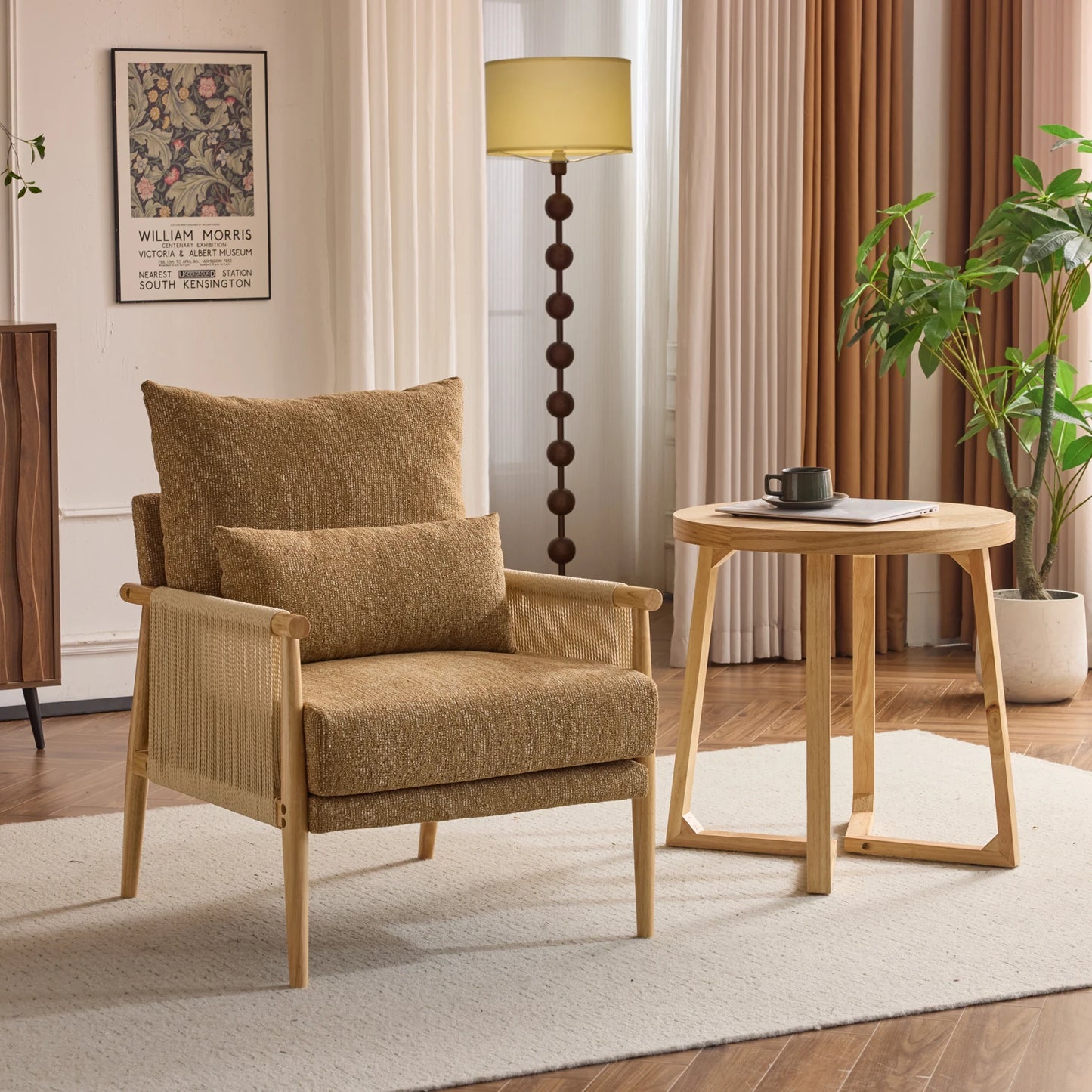 Modern Braid Accent Chair with Natural Oak Wooden Armrest, with Waist Pillow for Living Room, Bedroom, Reading Room, Balcont
