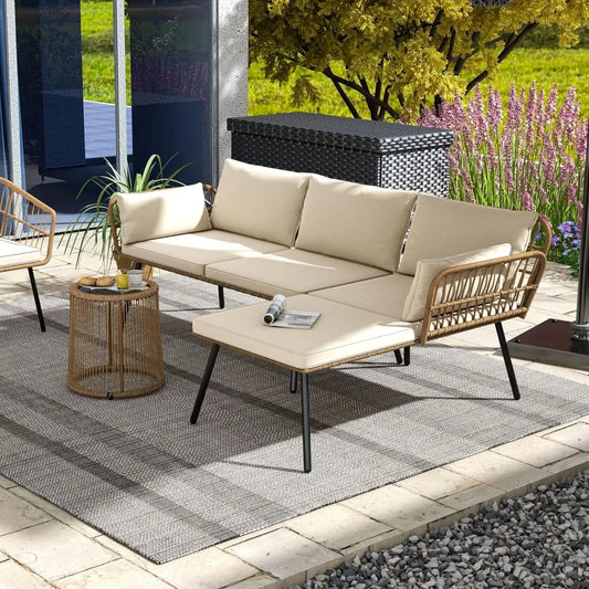 Patio Furniture Set 3 Piece Outdoor Wicker Conversation Set with Detachable Cushions and Coffee Table L-Shaped Sectional Sofa