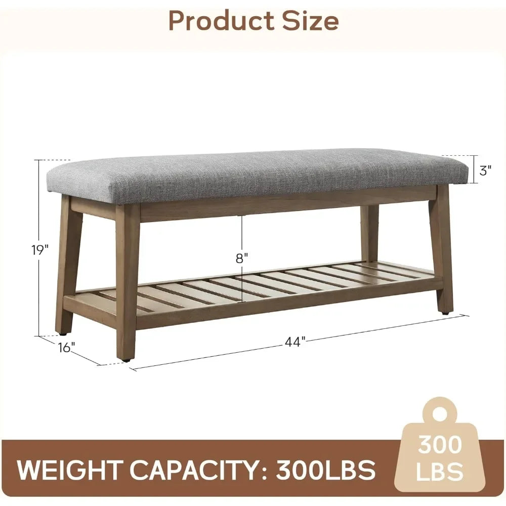 Entryway Bench, End of Bed Bench, Chenille Upholstered Shoe Bench for Bedroom, Ottoman Bench with Solid Wood Shelf, Storage Benc
