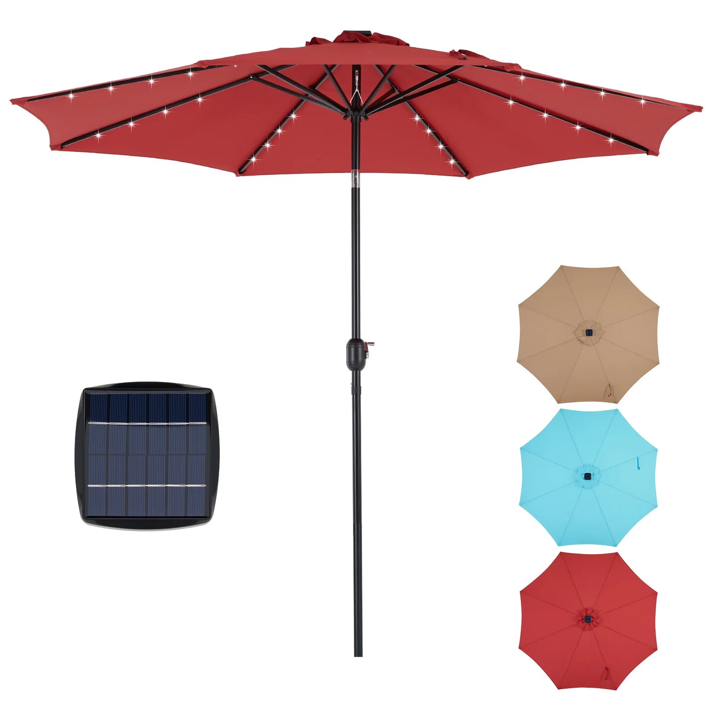 JHK 10FT Solar Patio Umbrella with 32 LED Lights UV-Resistant Outdoor Table Umbrella with Tilt and Crank for Backyard Garden
