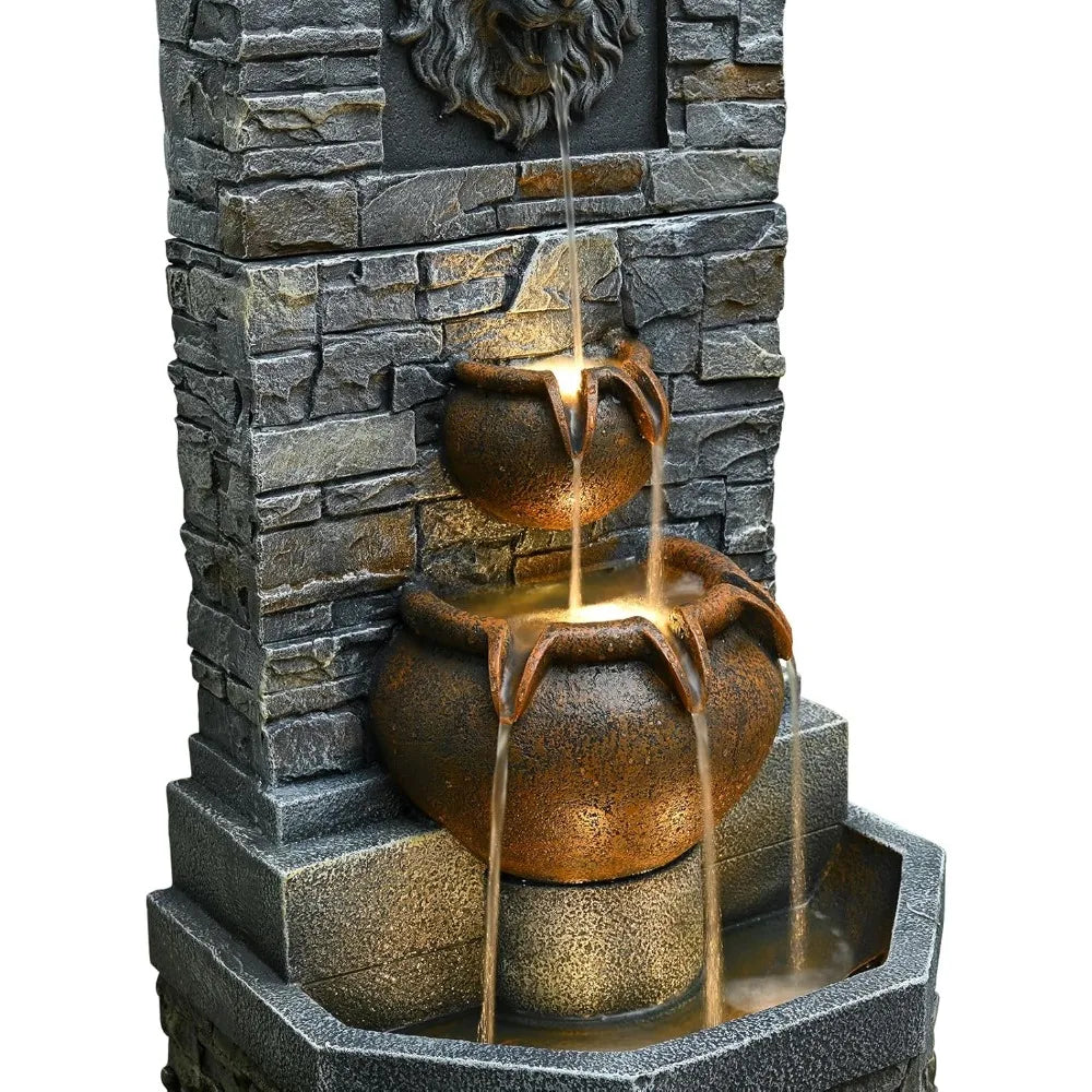Outdoor Garden Floor Standing Water Fountain with Lion Head and Lights, Stone Design for Patio, Backyard, Deck, and Porch