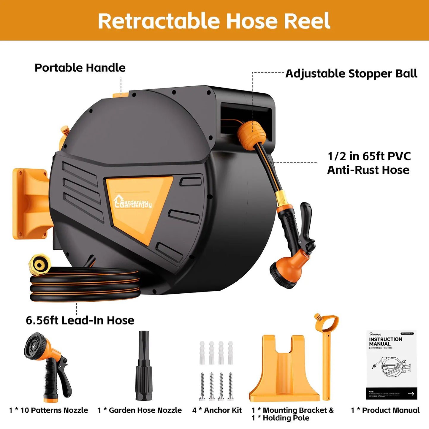 GardenJoy Retractable Hose Reel Wall Mounted with Locking