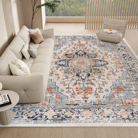 Vintage Boho Design Washable Non-Slip Area Rug for Living Room