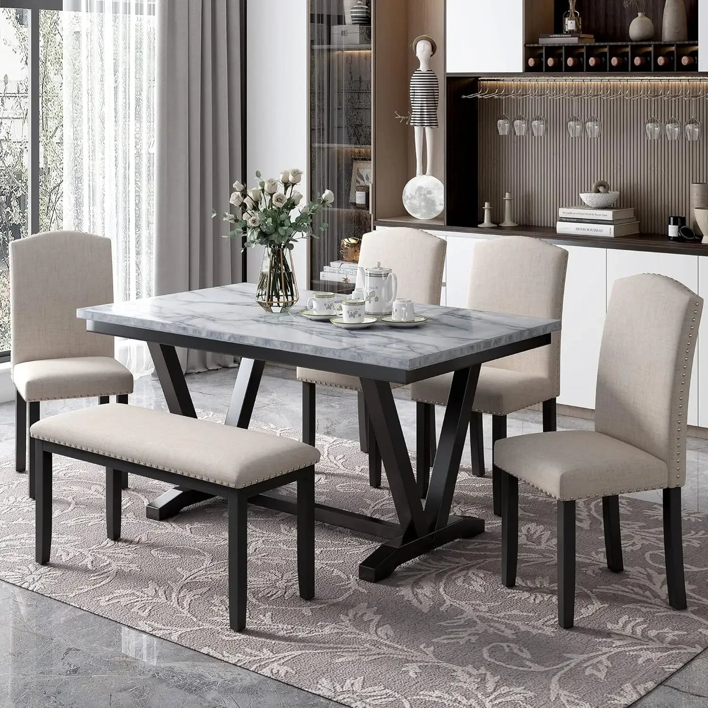 GUANGBAI 6 Piece Dining Table Set With Bench And Chairs