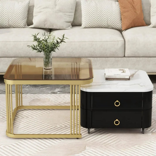 2-in-1 Square Nesting Coffee Table with Wheels and Drawers