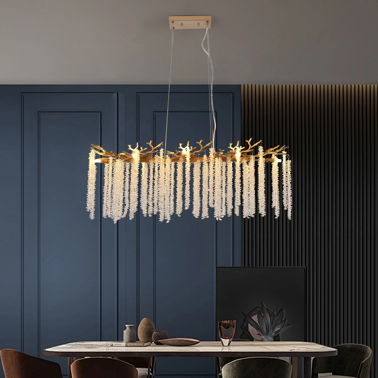 Modern Golden Chandelier With Cascading Crystal Strings