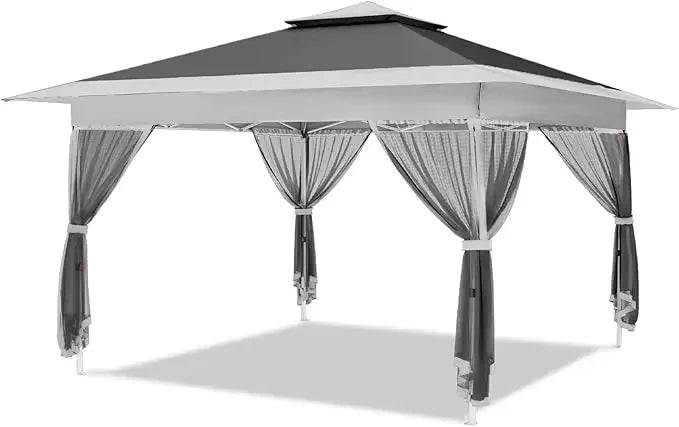 12’x12’ Top 10’x10’ Base Gazebo Outdoor Pop up Canopy Tent with Curtains and Shelter for Patio, Party & Backyard (Grey, 12 * 12