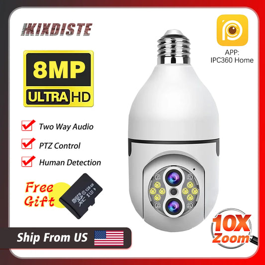 IPC360 Home 10X Zoom 4K E27 Bulb Camera with 128G Card