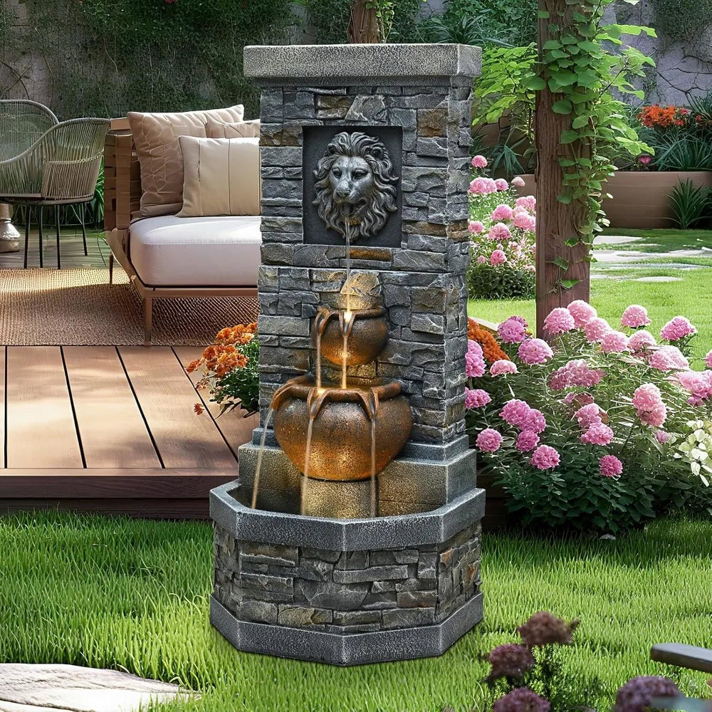 Outdoor Garden Floor Standing Water Fountain with Lion Head and Lights, Stone Design for Patio, Backyard, Deck, and Porch