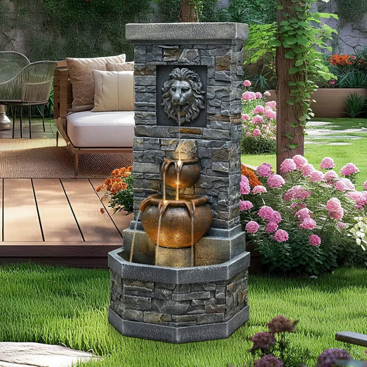 Outdoor Garden Floor Standing Water Fountain with Lion Head and Lights, Stone Design for Patio, Backyard, Deck, and Porch