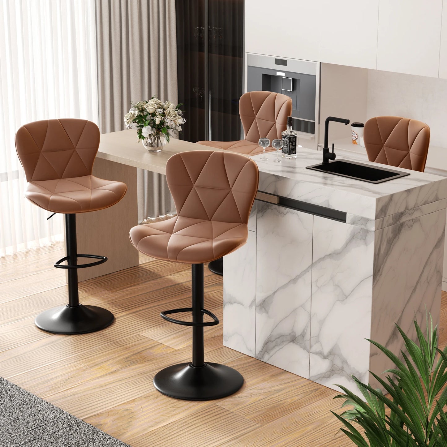 2 Pcs Bar Chair, 360 ° Rotation Adjustable Height, Faux Leather Upholstered with Backrest, Bar Furniture, for Dining Room, Kitchen