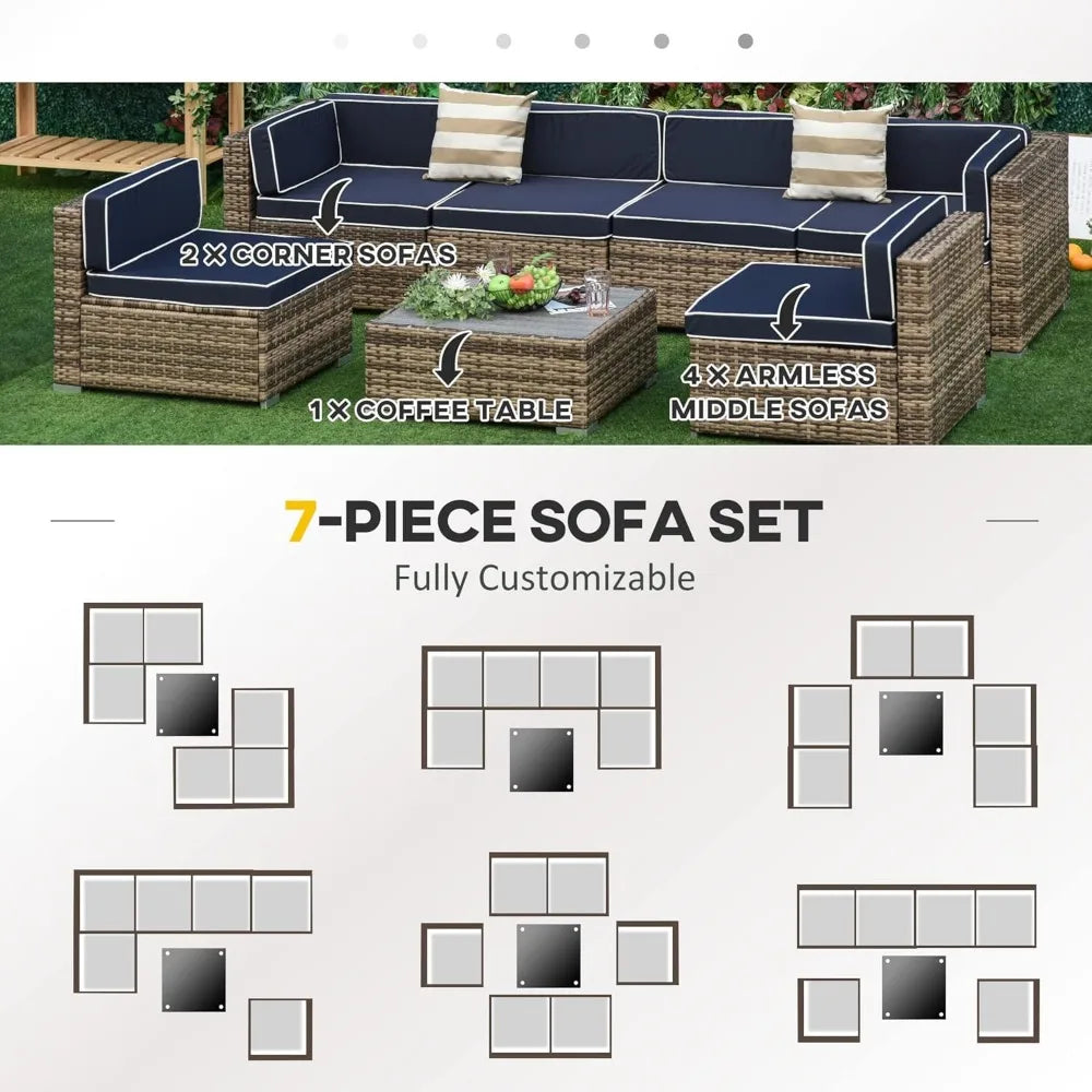 7-Piece Patio Furniture Set, Outdoor Wicker Conversation Set, All Weather PE Rattan Sectional Sofa Set with Cushions and Faux W