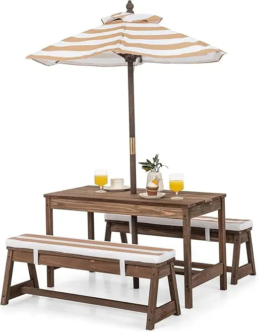 Kids Picnic Table Outdoor Wooden Bench Set Umbrella