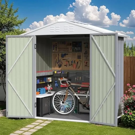 6×4FT Outdoor Storage Shed, Metal Patio Storaged Sheds with Lockable Doors, Sheds & Outdoor Storage for Bike, Pool and Garden