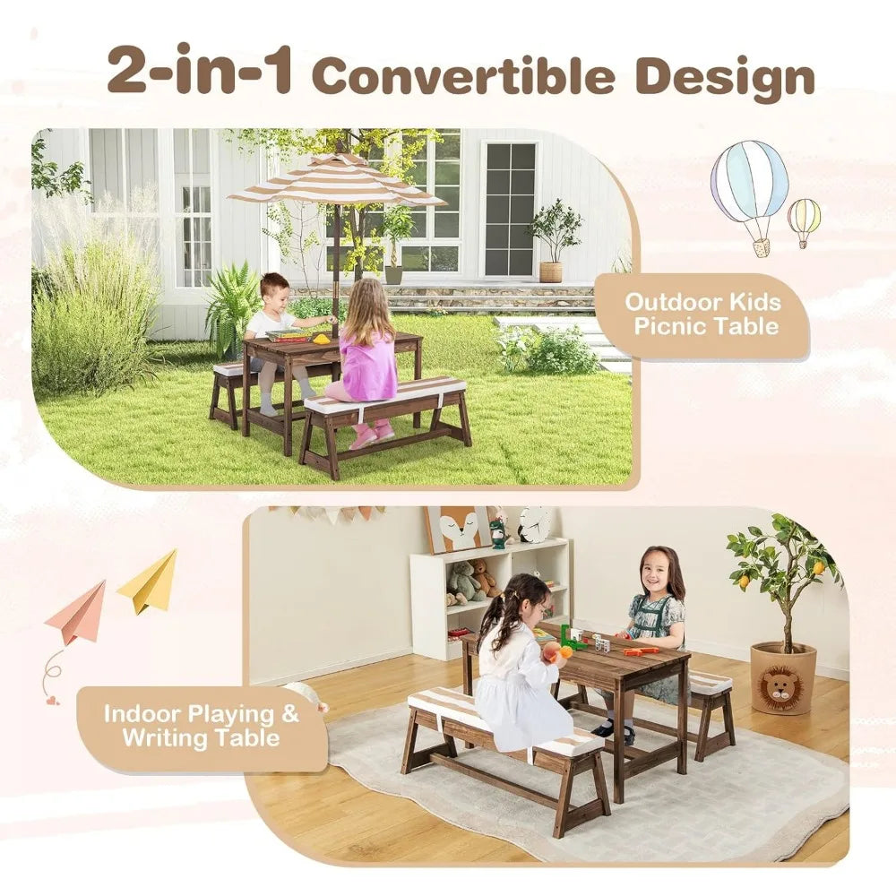 Kids Picnic Table Outdoor Wooden Bench Set Umbrella