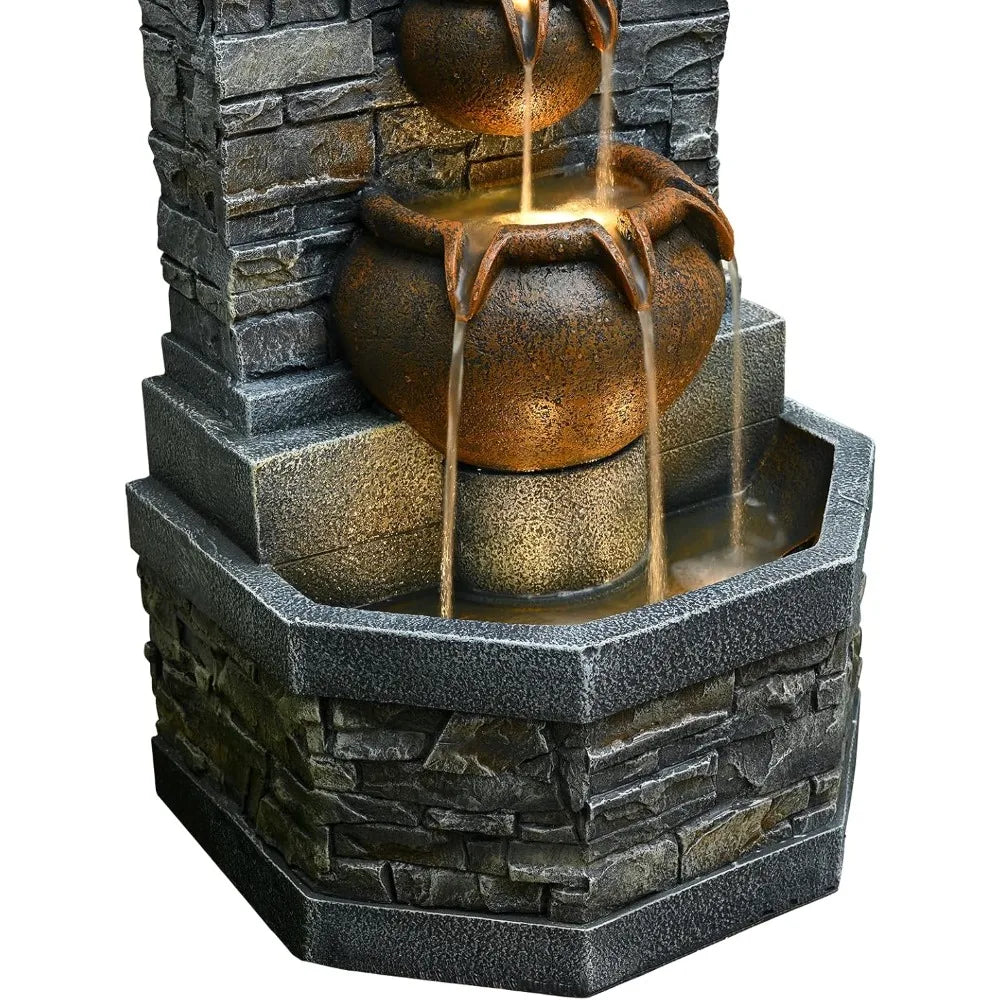 Outdoor Garden Floor Standing Water Fountain with Lion Head and Lights, Stone Design for Patio, Backyard, Deck, and Porch