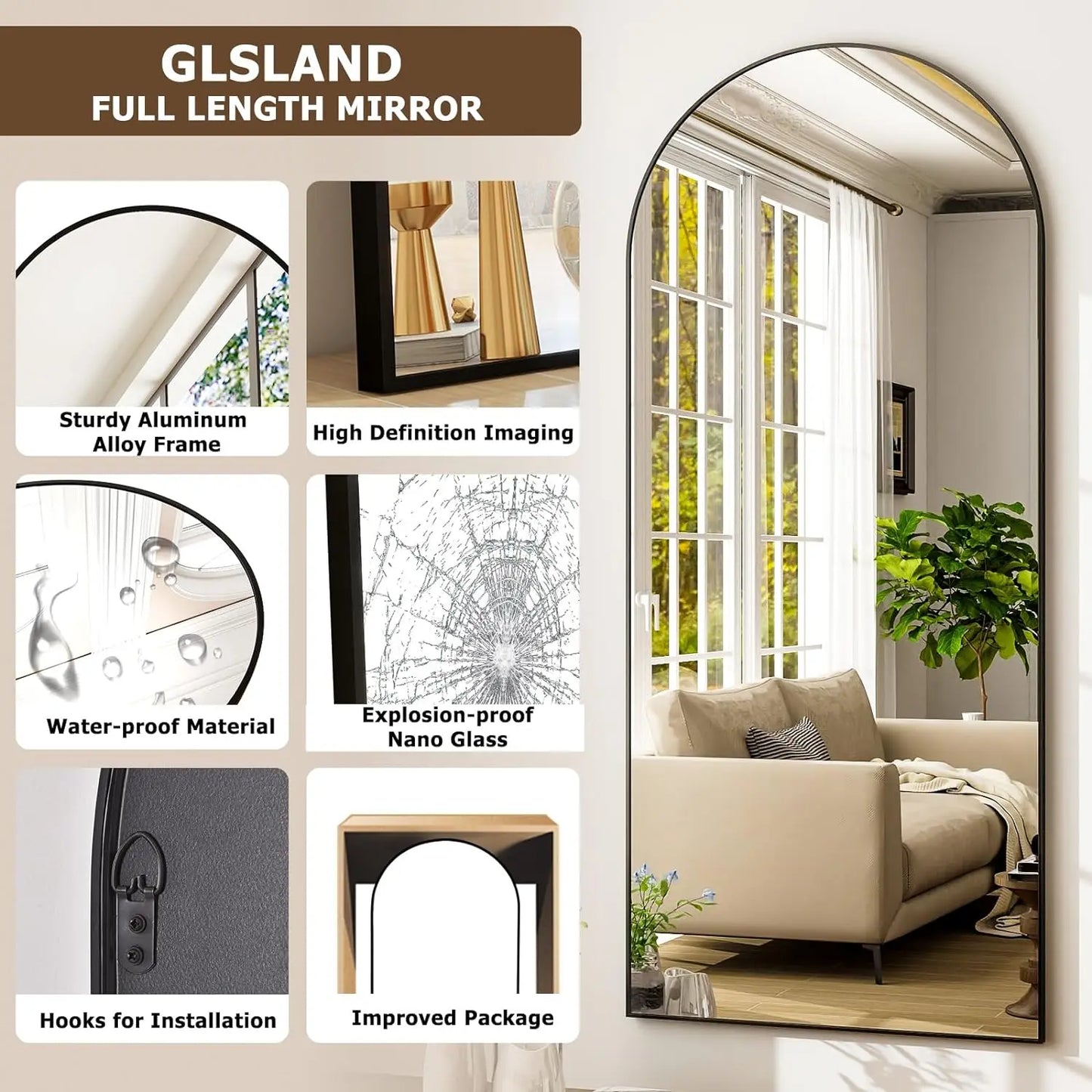 Modern Arched Full Length Mirror 34x76 Inch Aluminum Frame