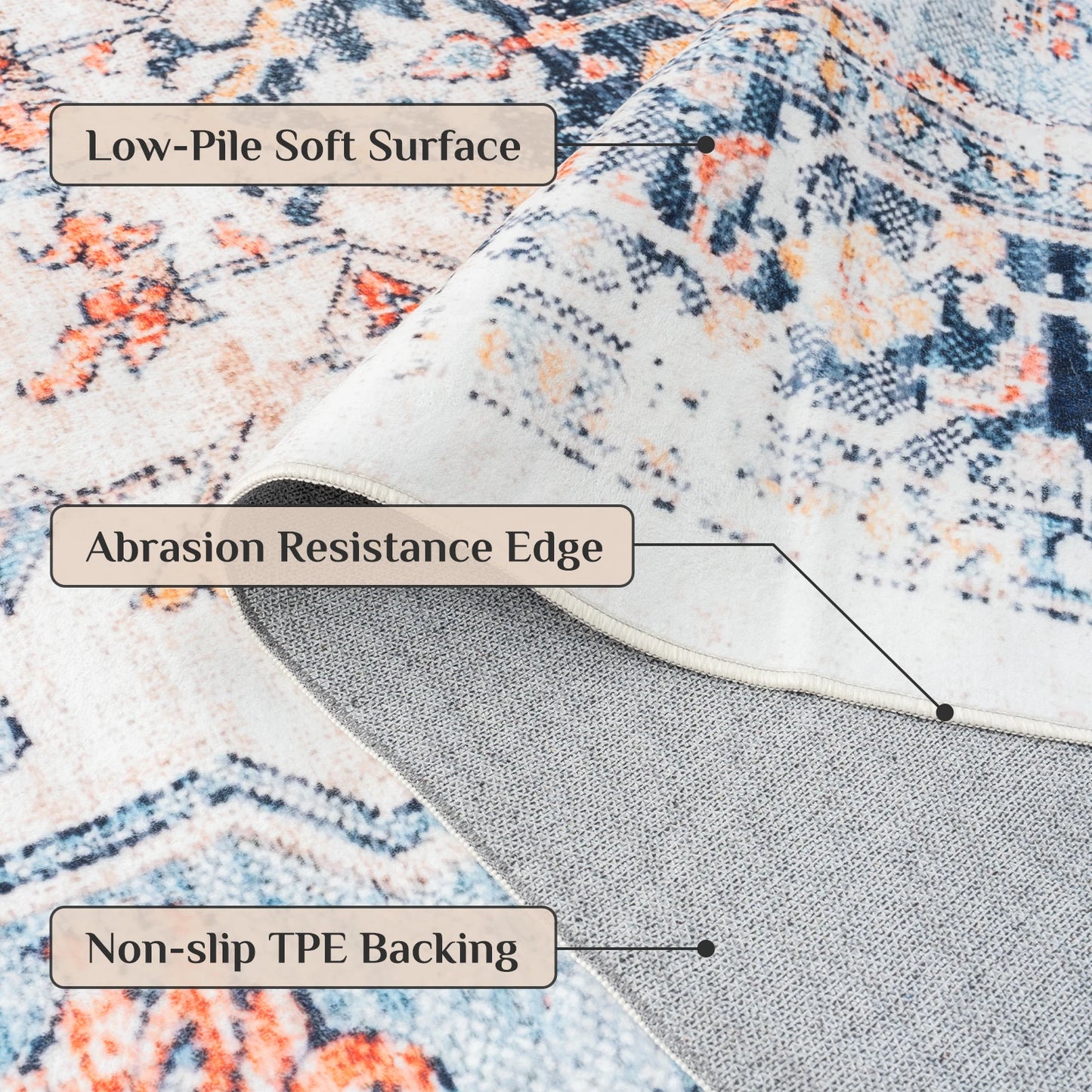Vintage Boho Design Washable Non-Slip Area Rug for Living Room