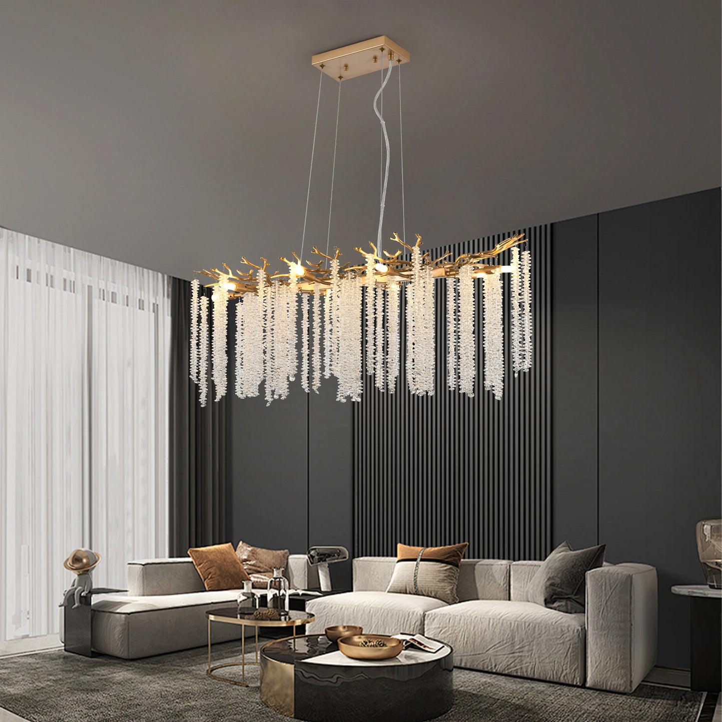 Modern Golden Chandelier With Cascading Crystal Strings