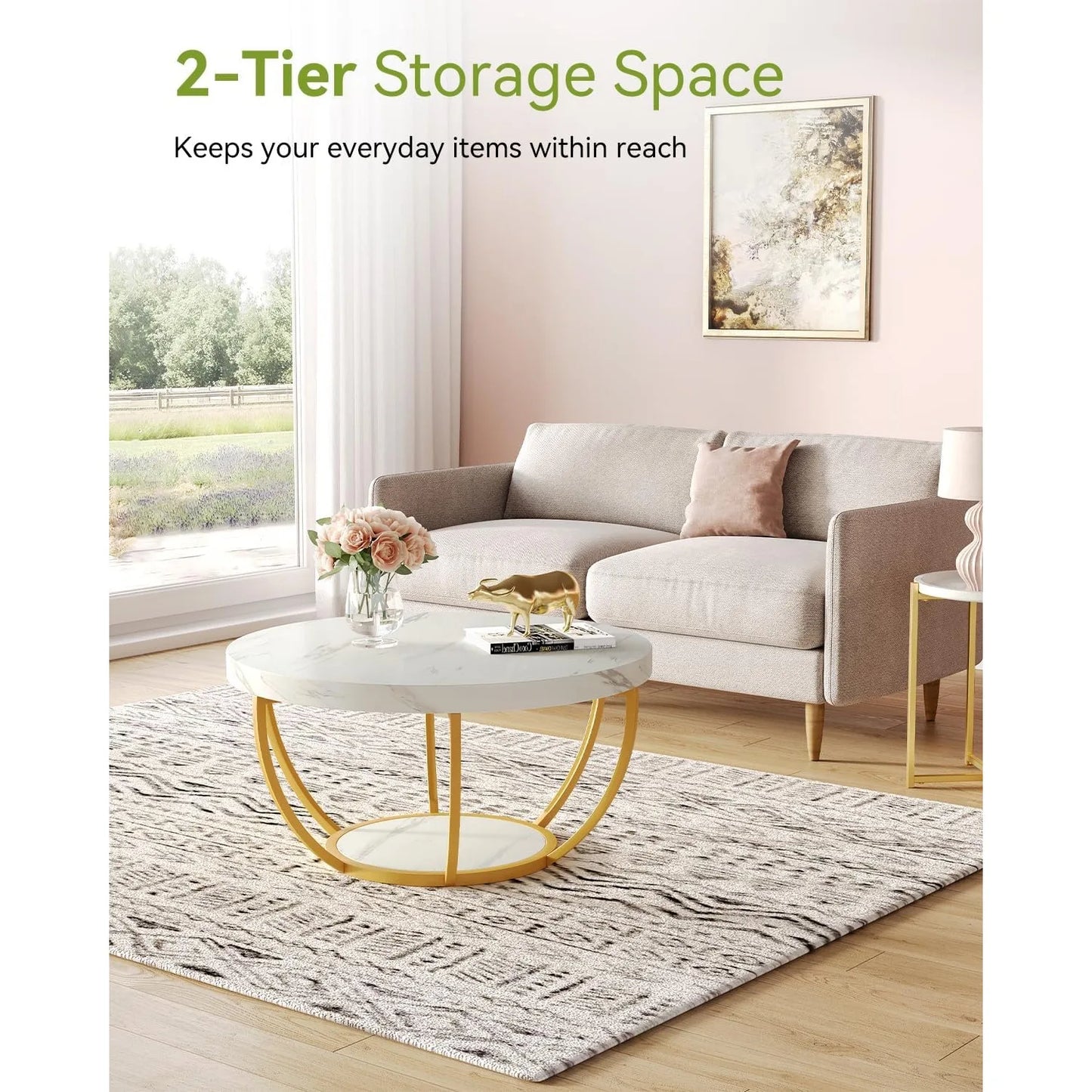 32 Inch Marble Coffee Table with Golden Metal Legs