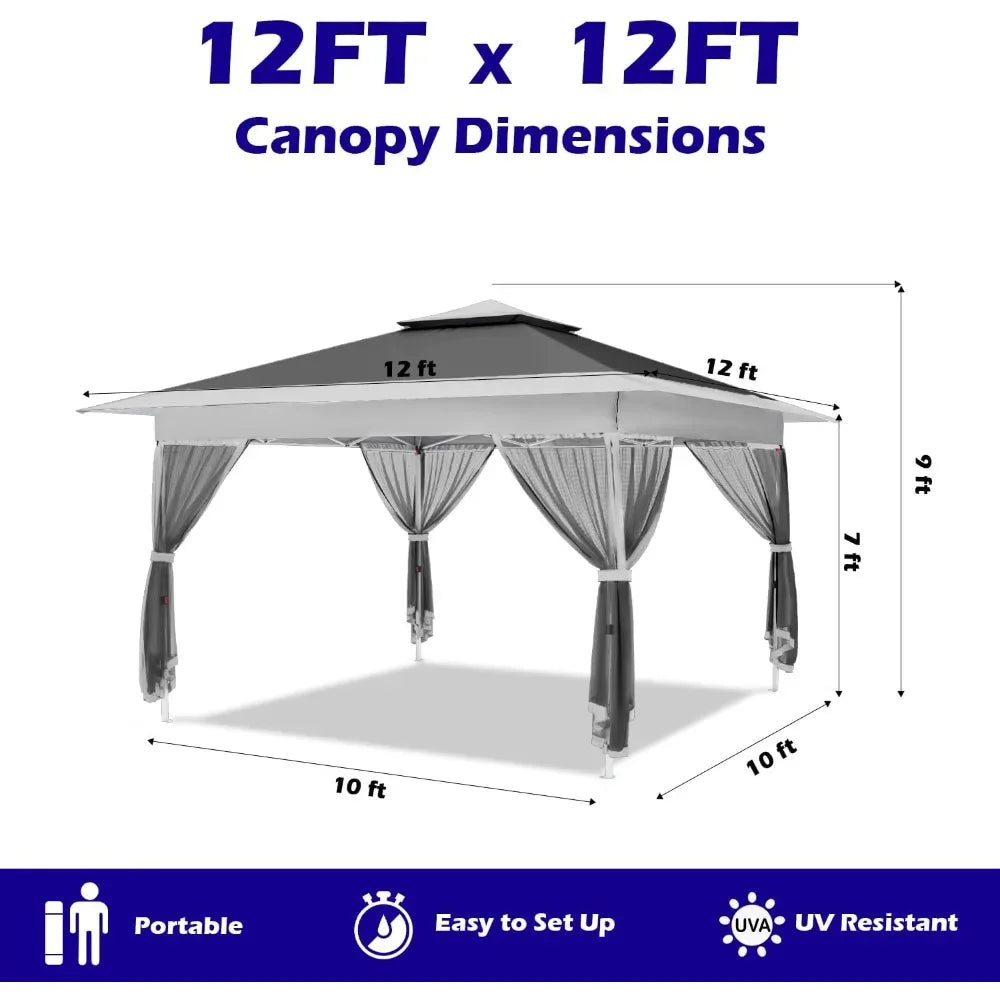 12’x12’ Top 10’x10’ Base Gazebo Outdoor Pop up Canopy Tent with Curtains and Shelter for Patio, Party & Backyard (Grey, 12 * 12