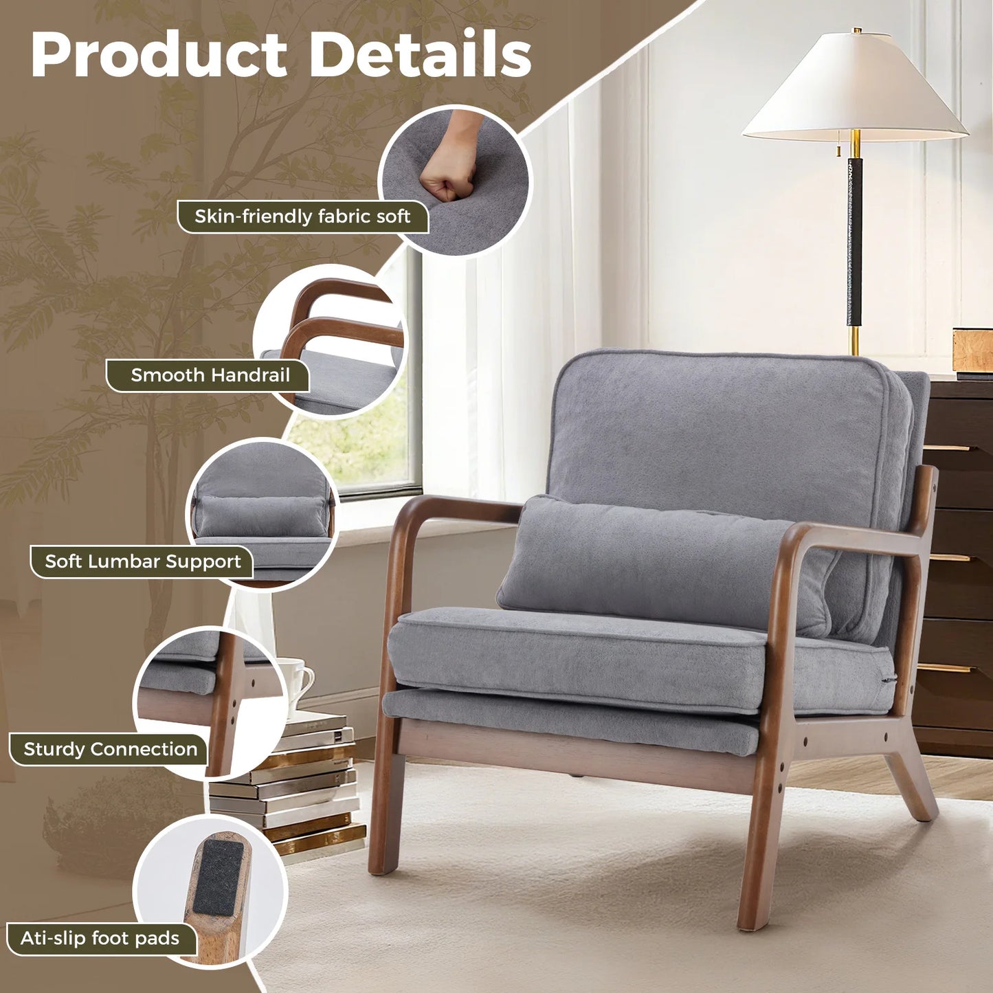 JHK Mid Century Modern Wood Chair With Armrests And Cushion