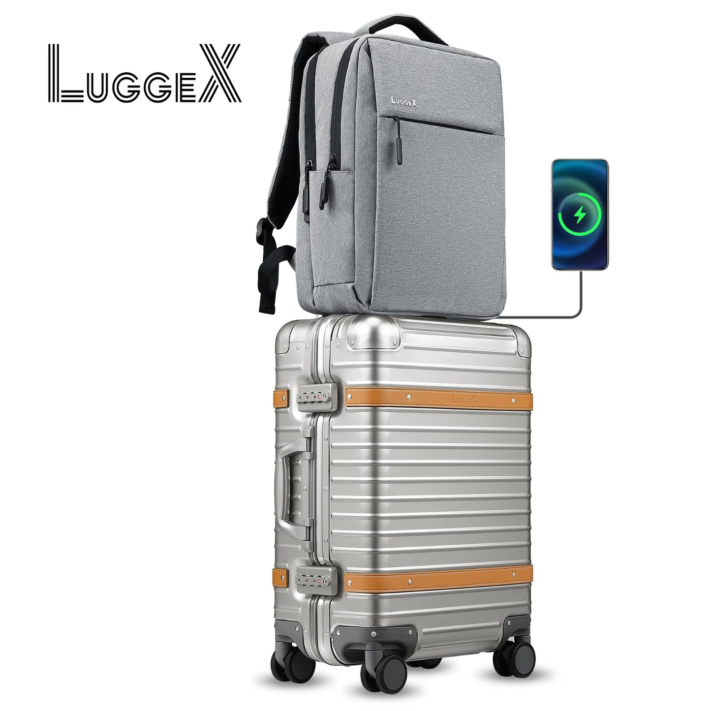 LUGGEXCN Aluminum Carry On Luggage With USB Port Retro