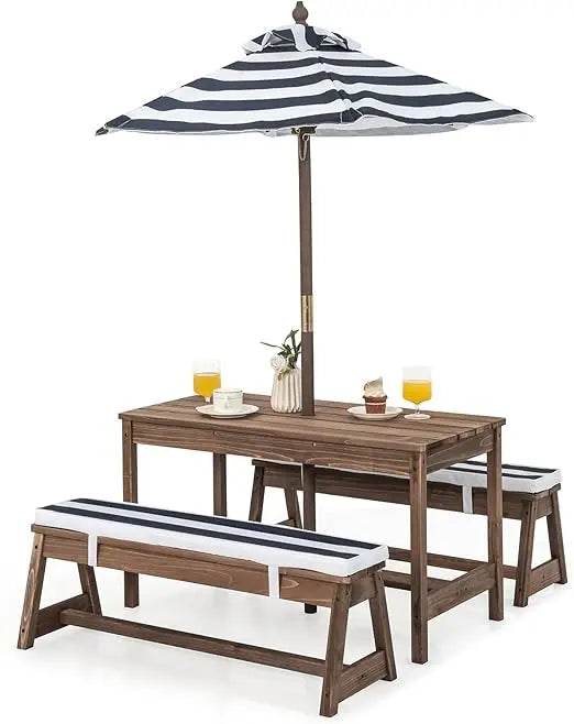 Kids Picnic Table Outdoor Wooden Bench Set Umbrella