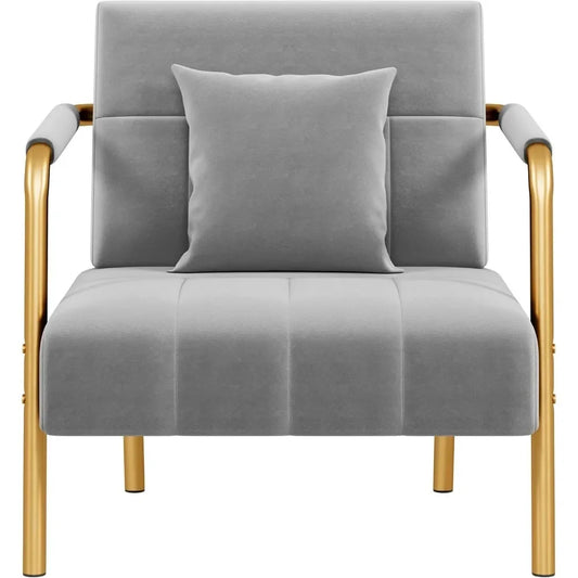 30 Inch Velvet Accent Chair with Golden Frame and Cozy Pillow