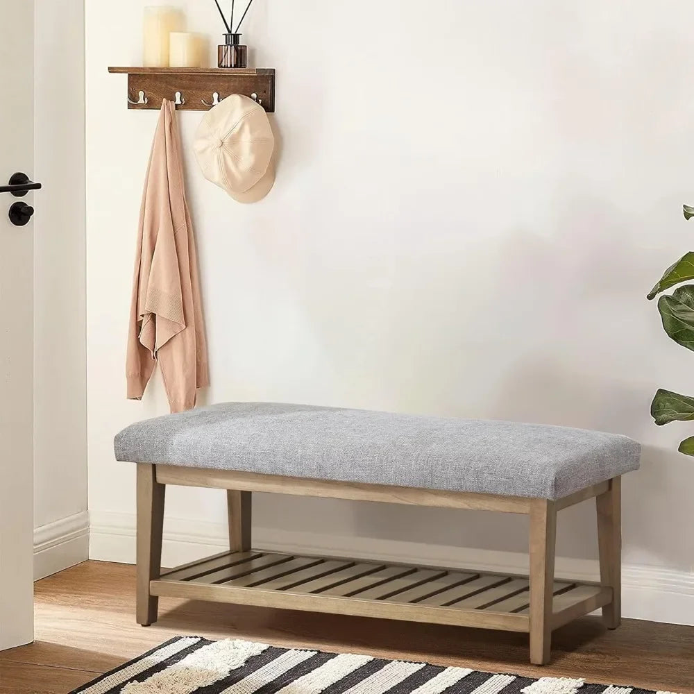 Entryway Bench, End of Bed Bench, Chenille Upholstered Shoe Bench for Bedroom, Ottoman Bench with Solid Wood Shelf, Storage Benc