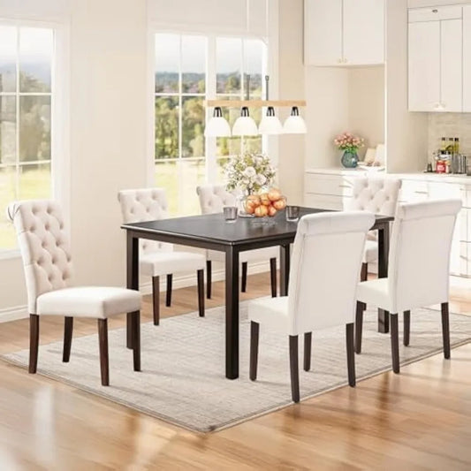7-Piece Dining Table Set for 6, 60" Rectangular Wooden Kitchen Table with 6 Tufted Dining Room Chairs, Brown/Beige