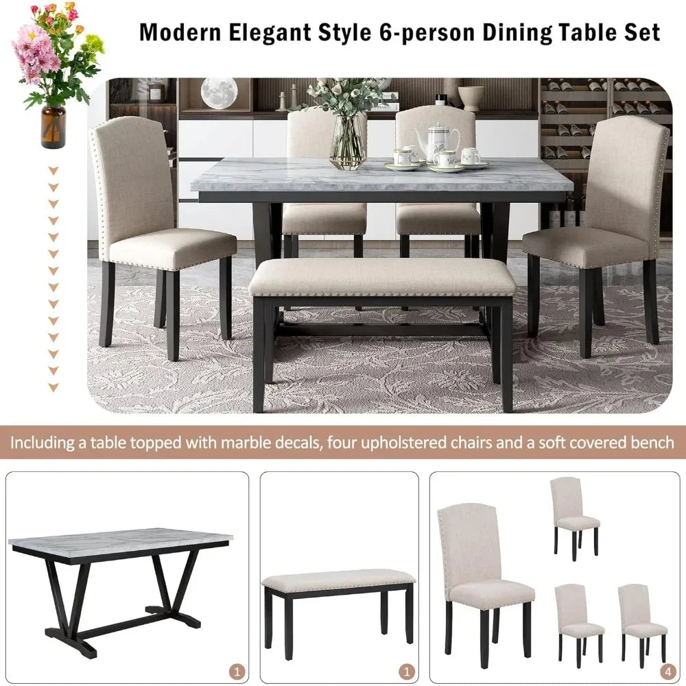 GUANGBAI 6 Piece Dining Table Set With Bench And Chairs