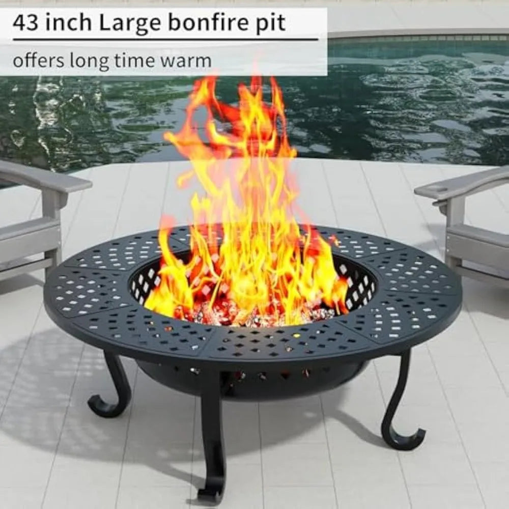 43 Inch Fire Pit with 2 Grill for Outside, Outdoor Wood Burning Firepit with Lid, Metal Round Table for Backyard Patio Garden Pi
