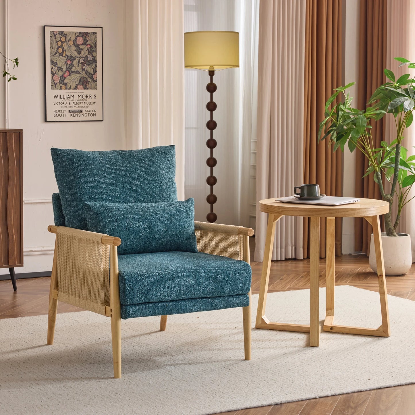 Modern Braid Accent Chair with Natural Oak Wooden Armrest, with Waist Pillow for Living Room, Bedroom, Reading Room, Balcont