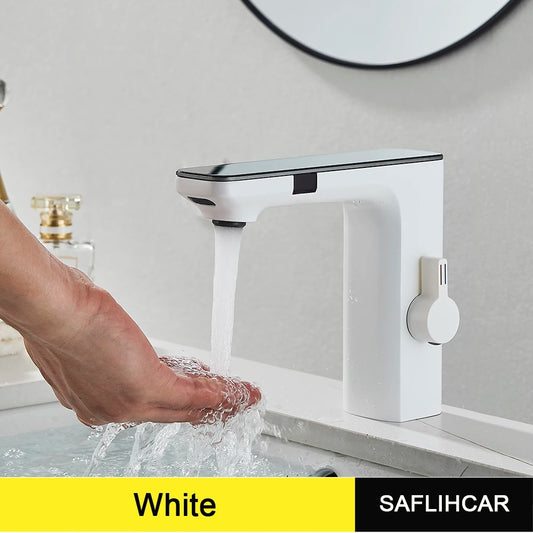 White Smart Dual Sensor Bathroom Sink Faucet Hot Cold Mixer