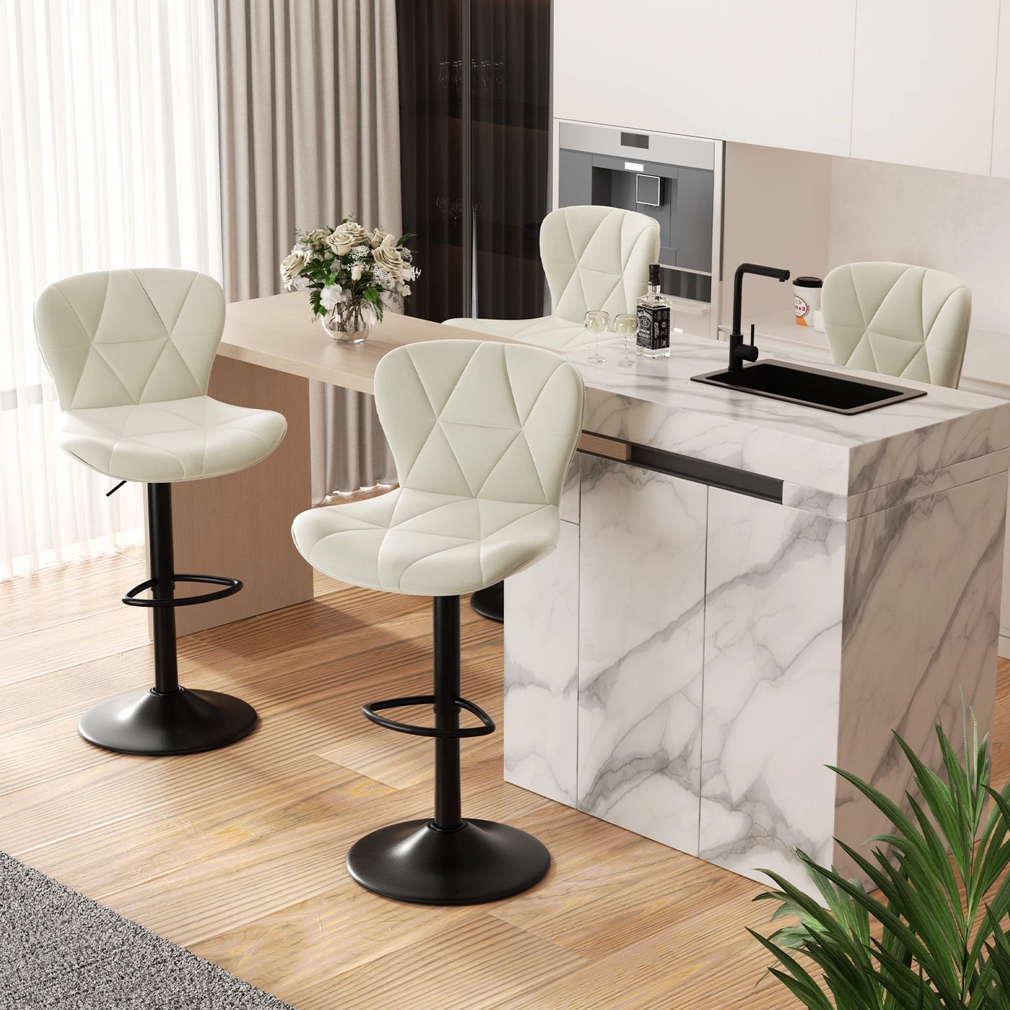 2 Pcs Bar Chair, 360 ° Rotation Adjustable Height, Faux Leather Upholstered with Backrest, Bar Furniture, for Dining Room, Kitchen