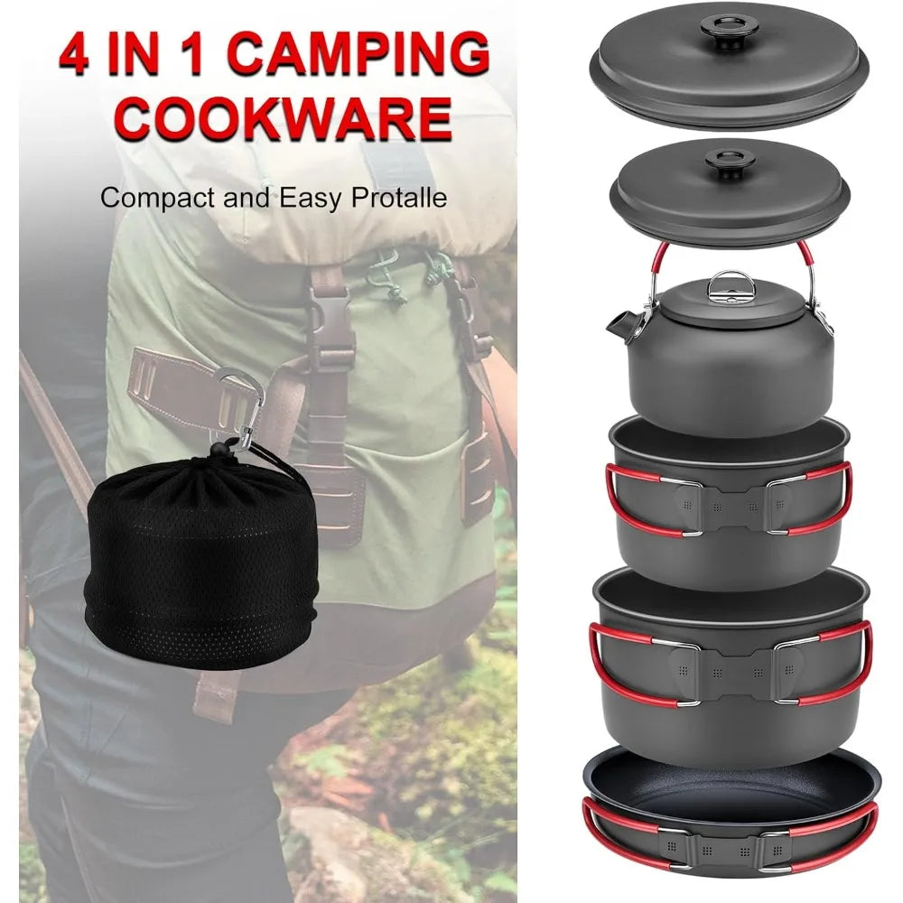 ALOCS Camping Cookware Set Four In One Hard Aluminum