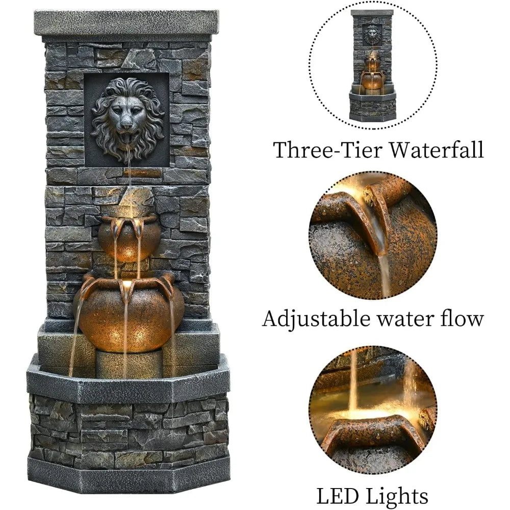 Outdoor Garden Floor Standing Water Fountain with Lion Head and Lights, Stone Design for Patio, Backyard, Deck, and Porch