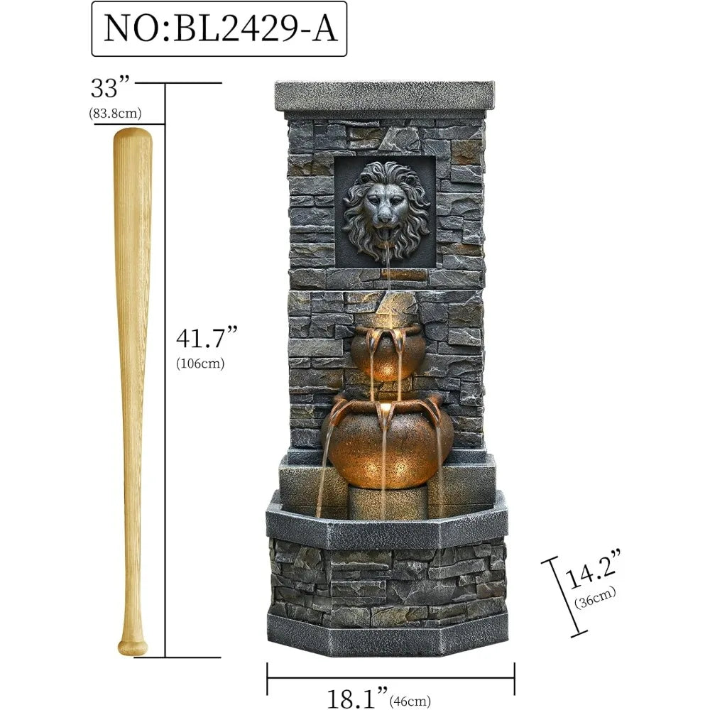 Outdoor Garden Floor Standing Water Fountain with Lion Head and Lights, Stone Design for Patio, Backyard, Deck, and Porch