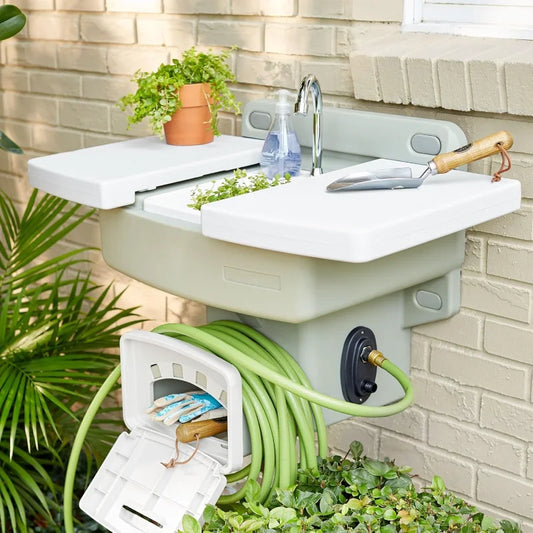 BrylaneHome Wall Mounted Outdoor Garden Sink with Hose Holder