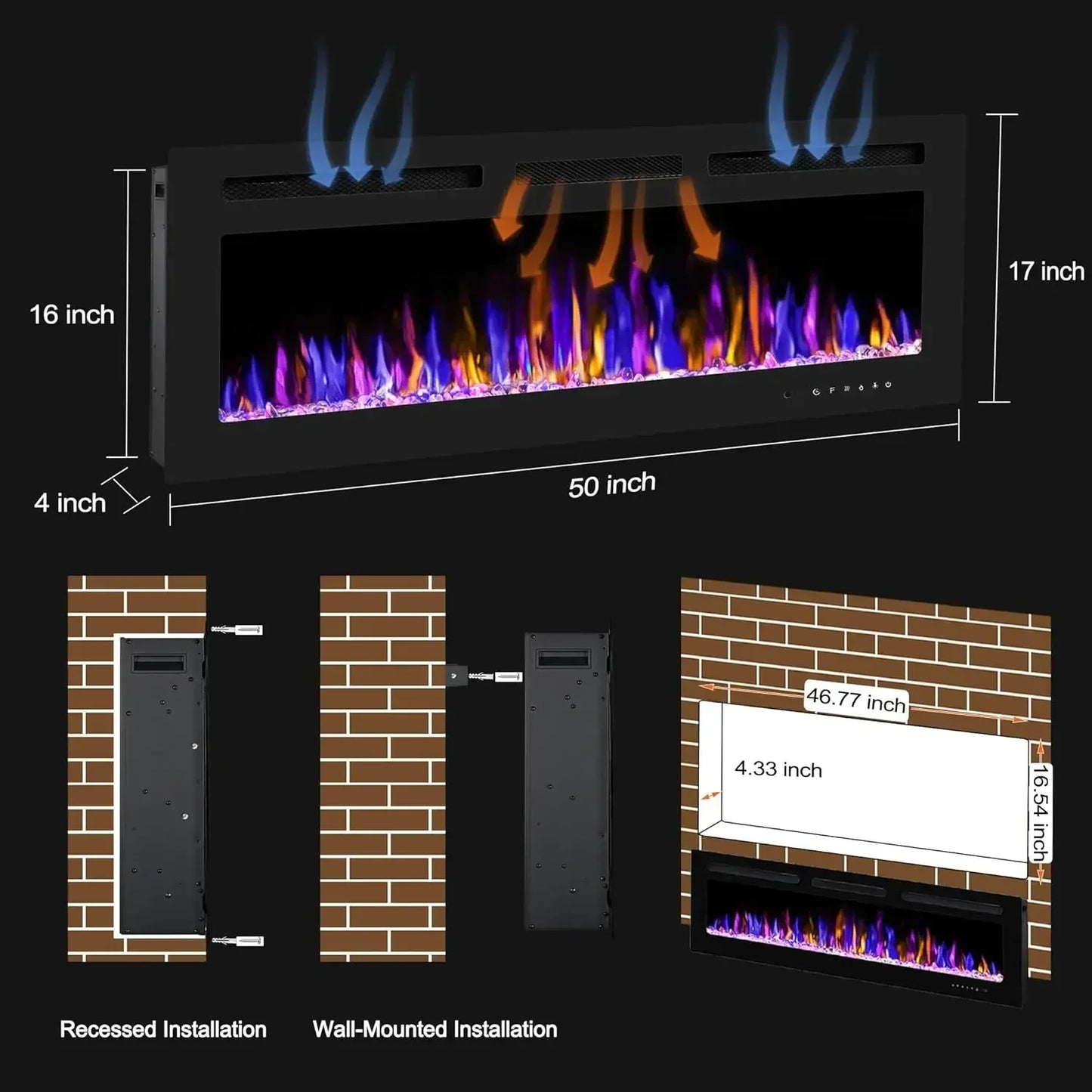 50 Inch Electric Fireplace Wall Mounted And Recessed With Remote Control Timer And Adjustable Flame Color